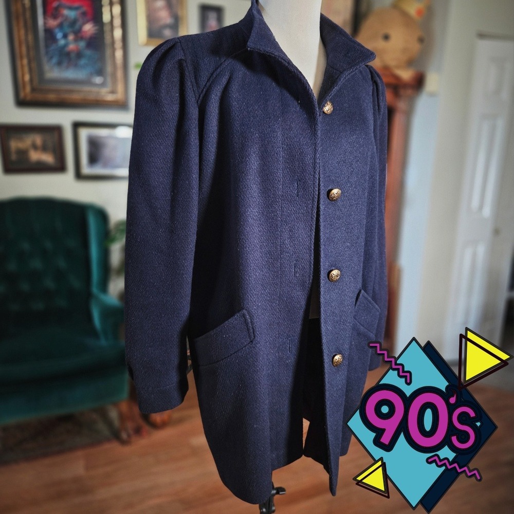 Vintage 90s New York Girl Navy Blue Wool‎ Blend Puffed Shoulder Car Coat USA